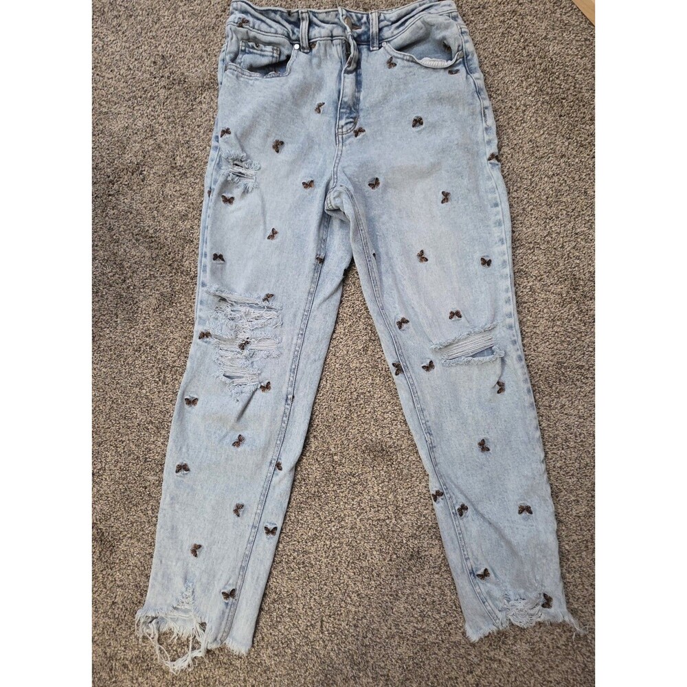 Material Girl Butterflies Jeans Size 9 Raw Hem Distressed Cropped Embroidered